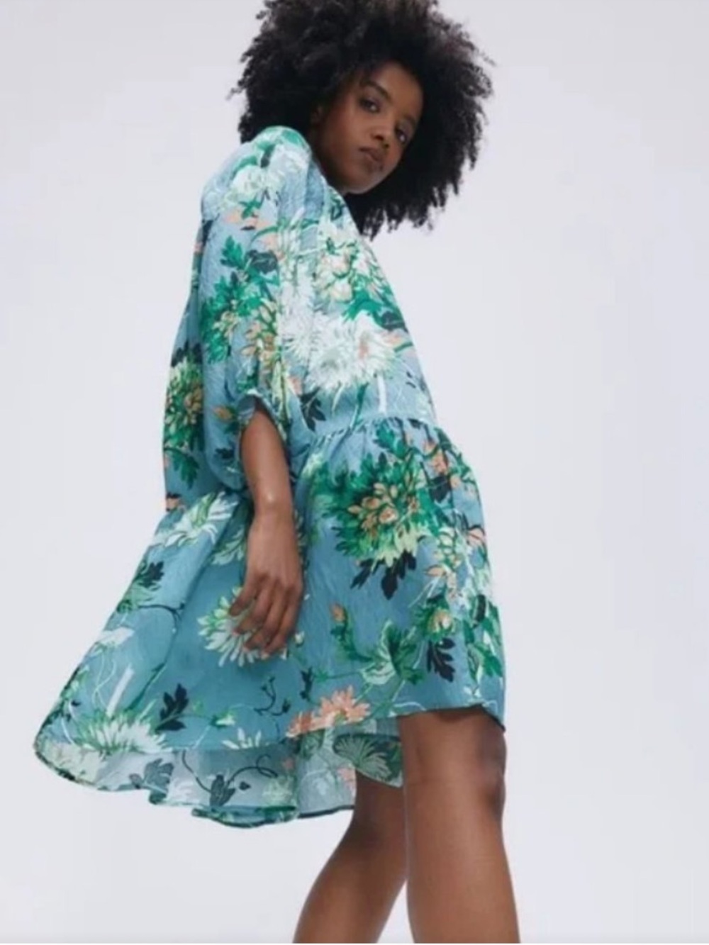 H&M Balloon Sleeve Floral Shift Dress Blue Size L